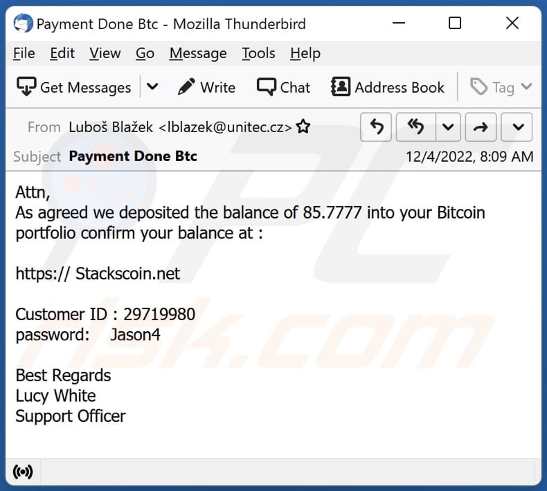 Oszustwo e-mailowe Deposit Into Your Bitcoin Portfolio