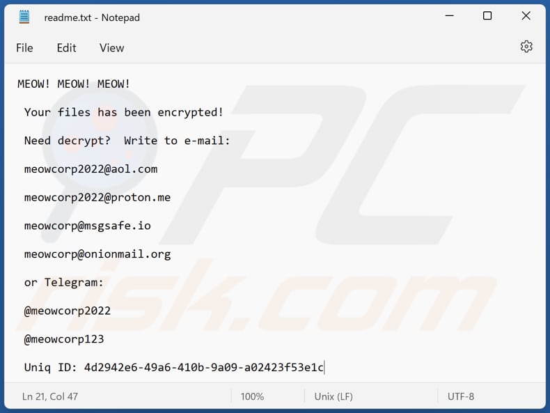 Plik tekstowy ransomware MEOW (readme.txt)