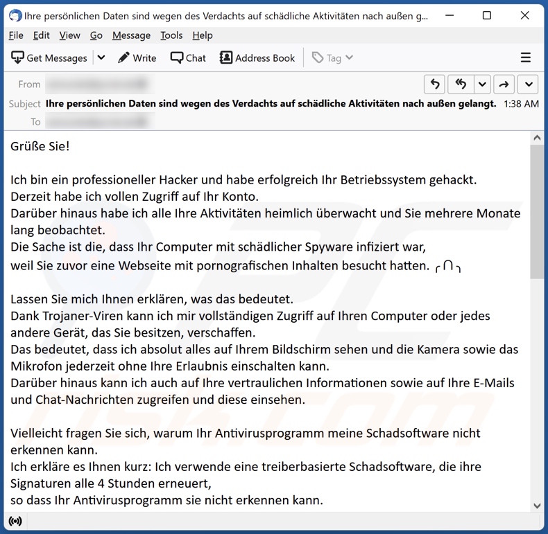 Niemiecki wariant językowy oszustwa e-mailowego Professional Hacker Managed To Hack Your Operating System