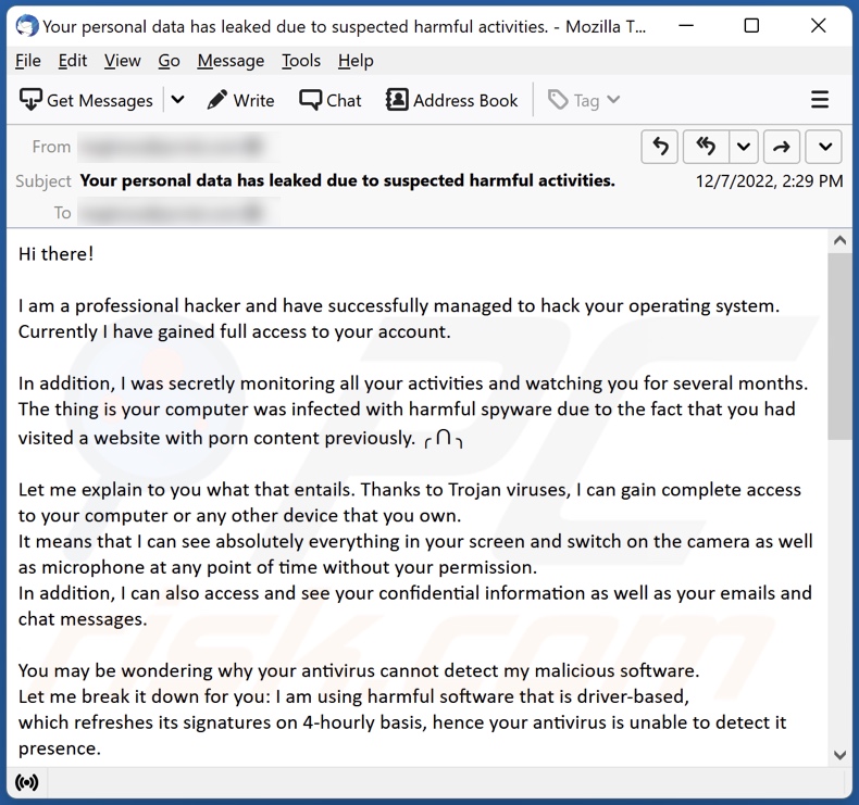 E-mailowa kampania spamowa Professional Hacker Managed To Hack Your Operating System