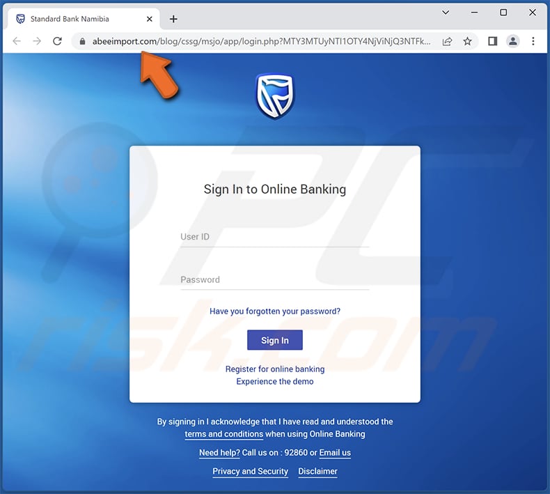 Witryna phishingowa oszustwa e-mailowego standard bank