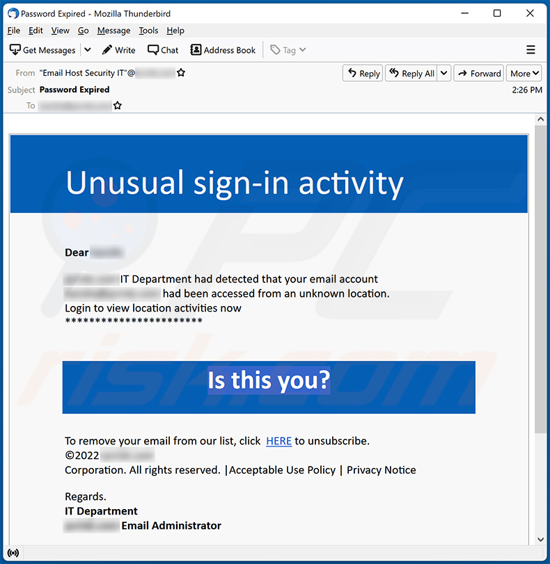 Oszukańczy e-mail Unusual Sign-in Activity (2022-12-29)