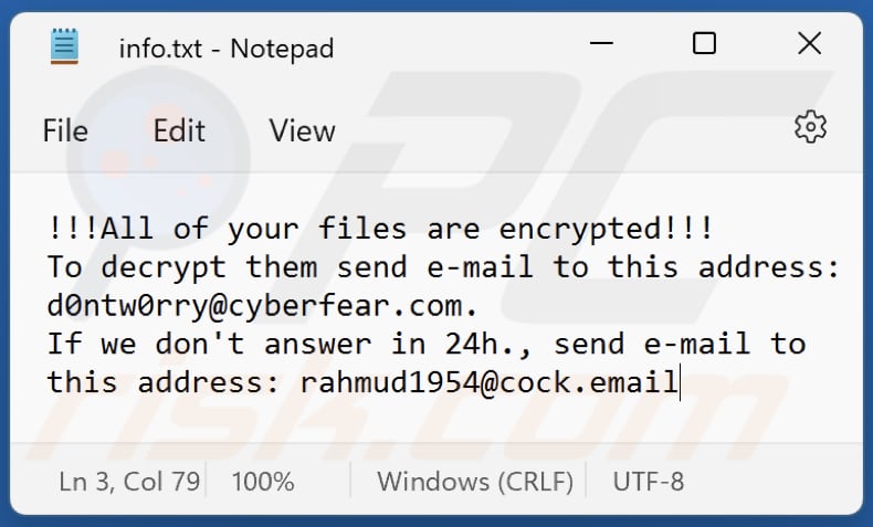 Plik tekstowy ransomware Worry (info.txt)