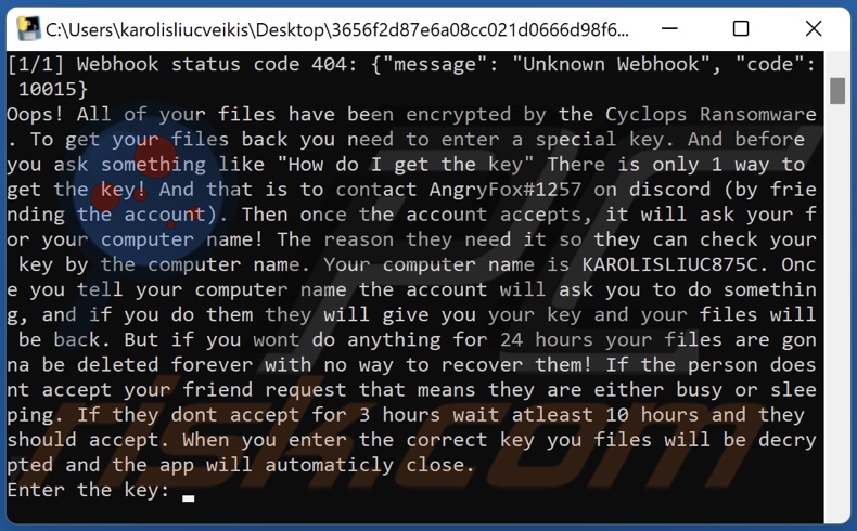 Notatka z żądaniem okupu ransomware Cyclops (cmd)