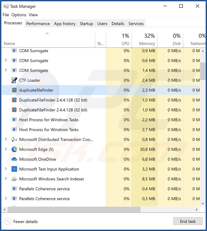 Adware Duplicatefinder uruchomione w menedżerze zadań jako duplicatefinder