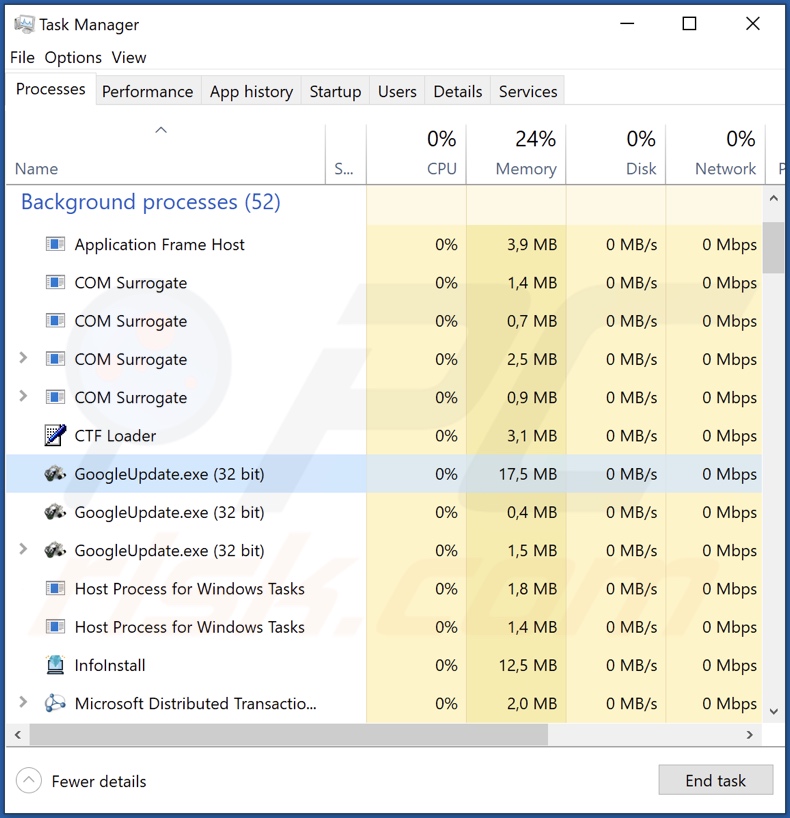 Proces malware GoogleUpdate w Menedżerze zadań (GoogleUpdate.exe - nazwa procesu)