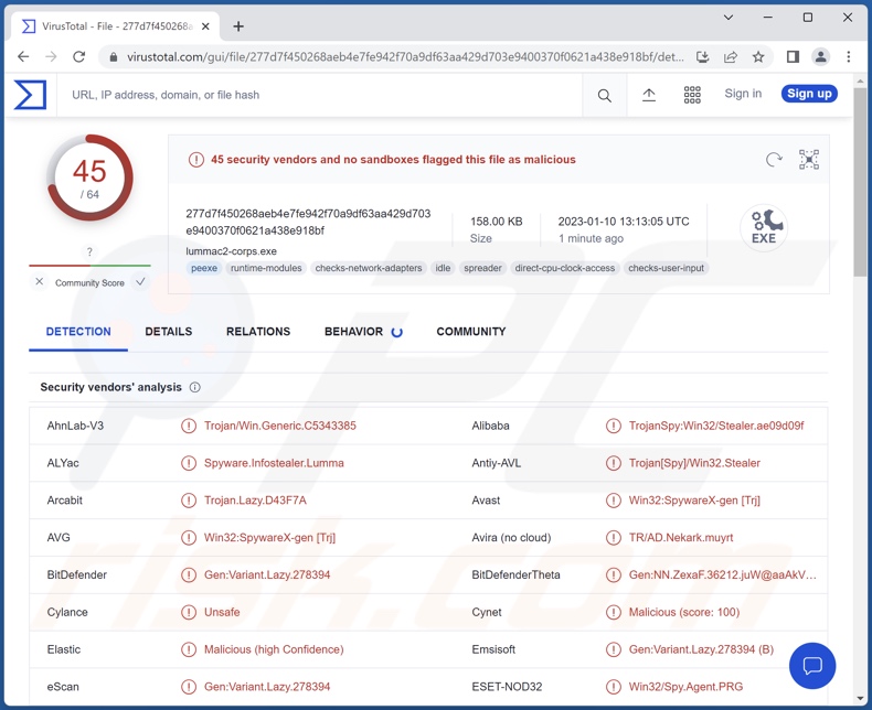 Wykrycia malware LummaC2 na VirusTotal