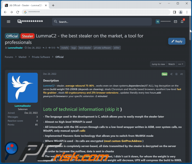 Malware złodziej LummaC2 promowane na forum hakerskim (GIF)