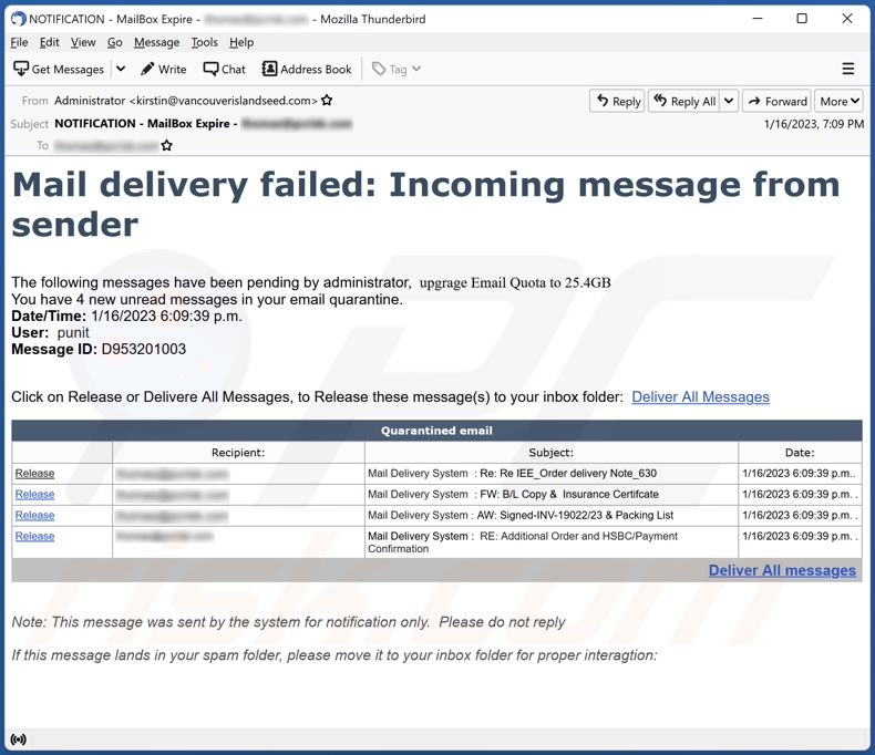 E-mailowa kampania spamowa Mail Delivery Failed