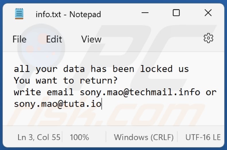 Plik tekstowy ransomware Mao (info.txt)