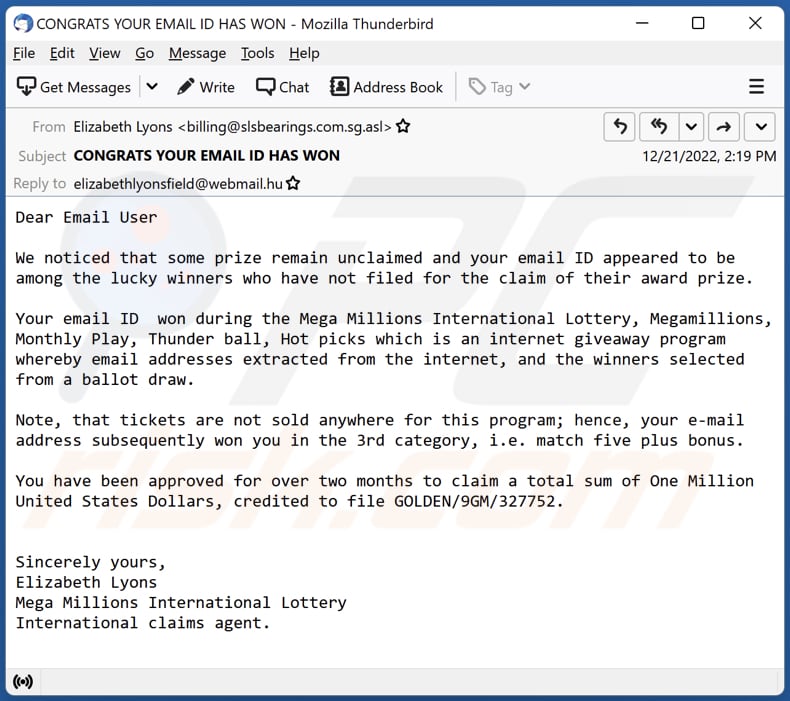 Oszukańczy e-mail Mega Millions International Lottery