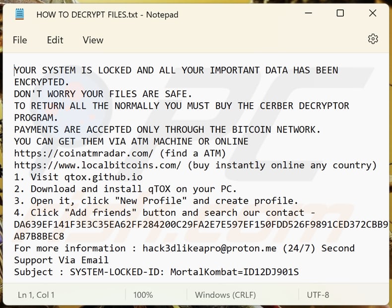 Plik tekstowy ransomware MortalKombat (HOW TO DECRYPT FILES.txt)