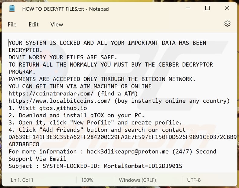 Plik tekstowy ransomware MortalKombat (HOW TO DECRYPT FILES.txt)