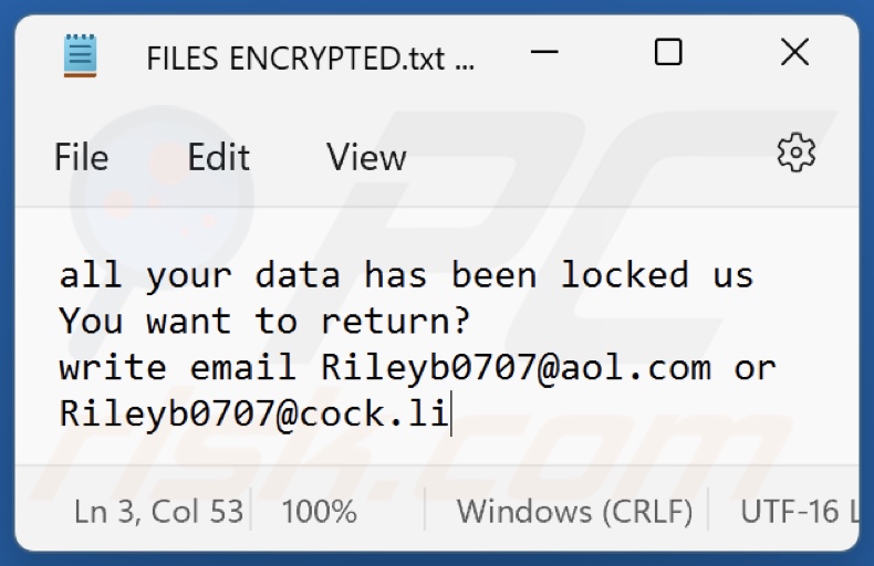 Plik tekstowy ransomware Nlb (FILES ENCRYPTED.txt)