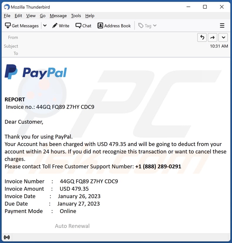 Oszustwo e-mailowe PayPal Account Has Been Charged