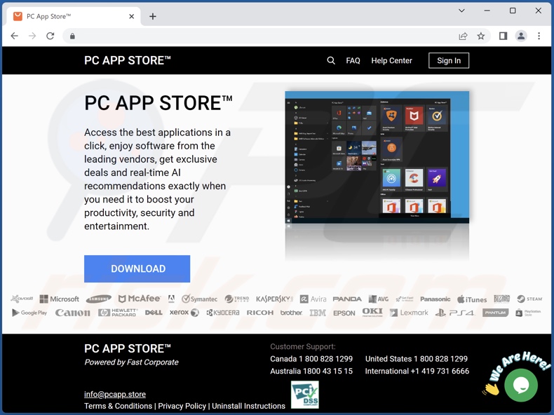 Witryna promocyjna adware PC App Store