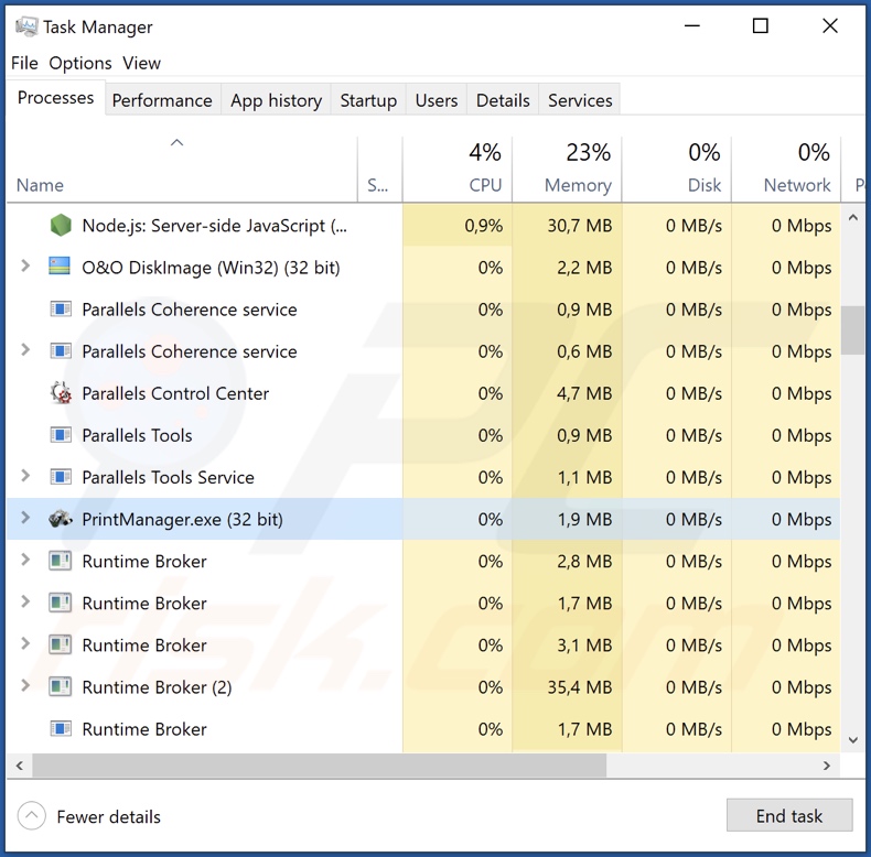 Proces malware PrintManager w Menedżerze zadań (PrintManager.exe - nazwa procesu)