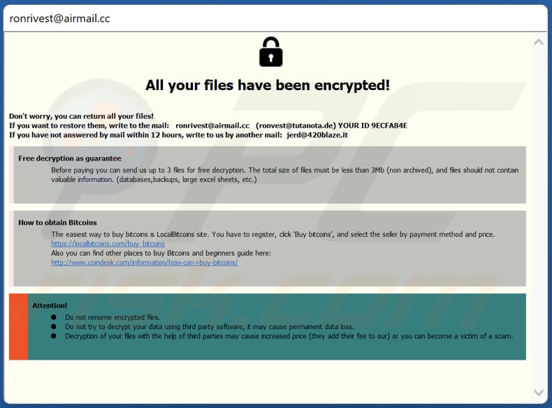 Notatka z żądaniem okupu ransomware R0n (okno pop-up)