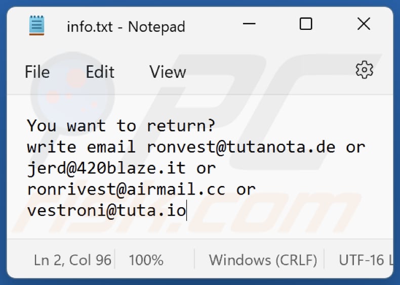 Plik tekstowy ransomware R0n (info.txt)