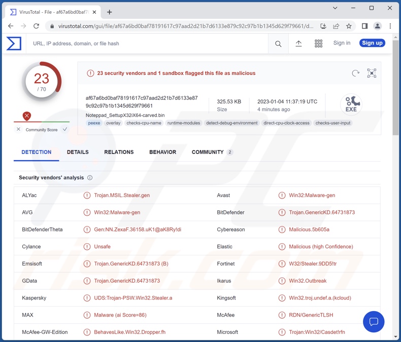 Wykrycia malware Rhadamanthys na VirusTotal