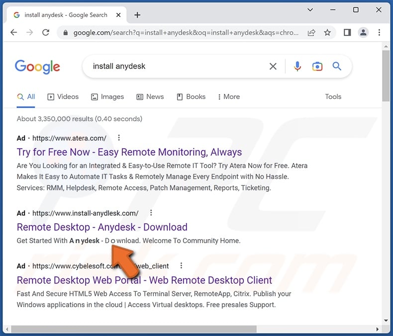 Reklama Google promująca fałszywą witrynę AnyDesk rozsyłającą malware złodziej Rhadamanthys