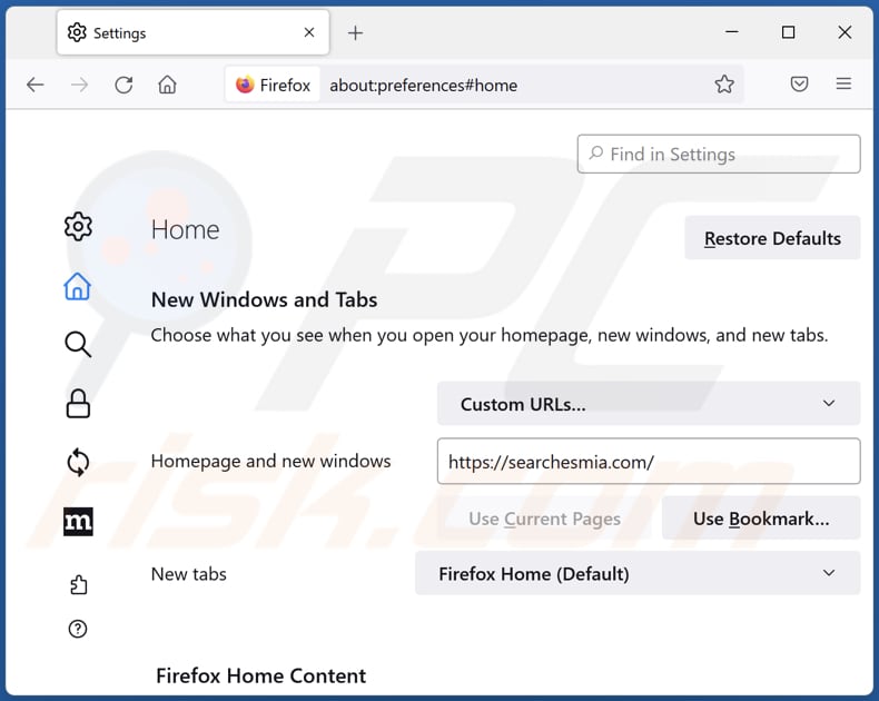 Usuwanie searchesmia.com ze strony domowej Mozilla Firefox