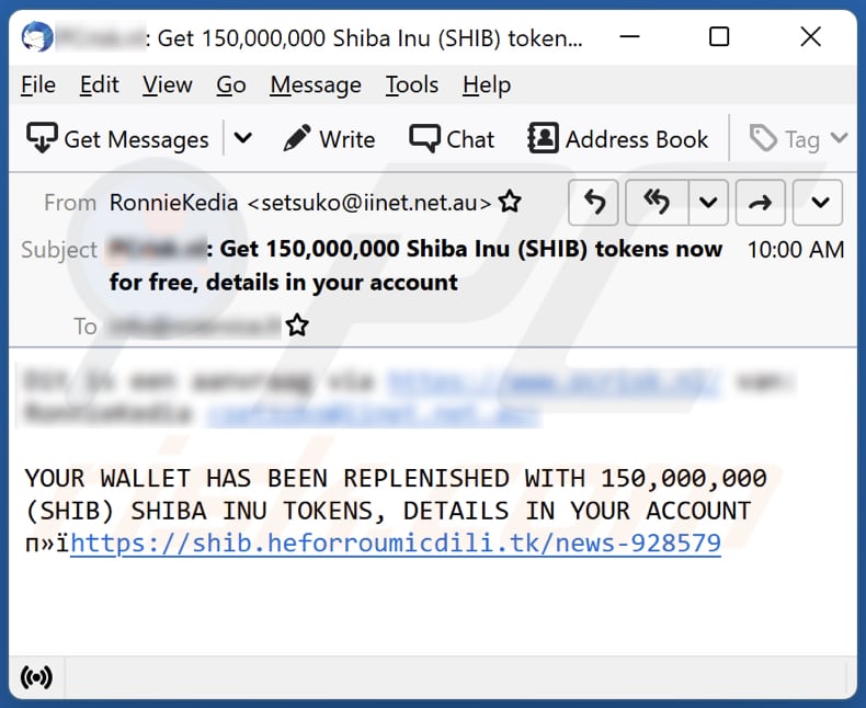 E-mail promujący oszustwo pop-up ShibaInu AirDrop
