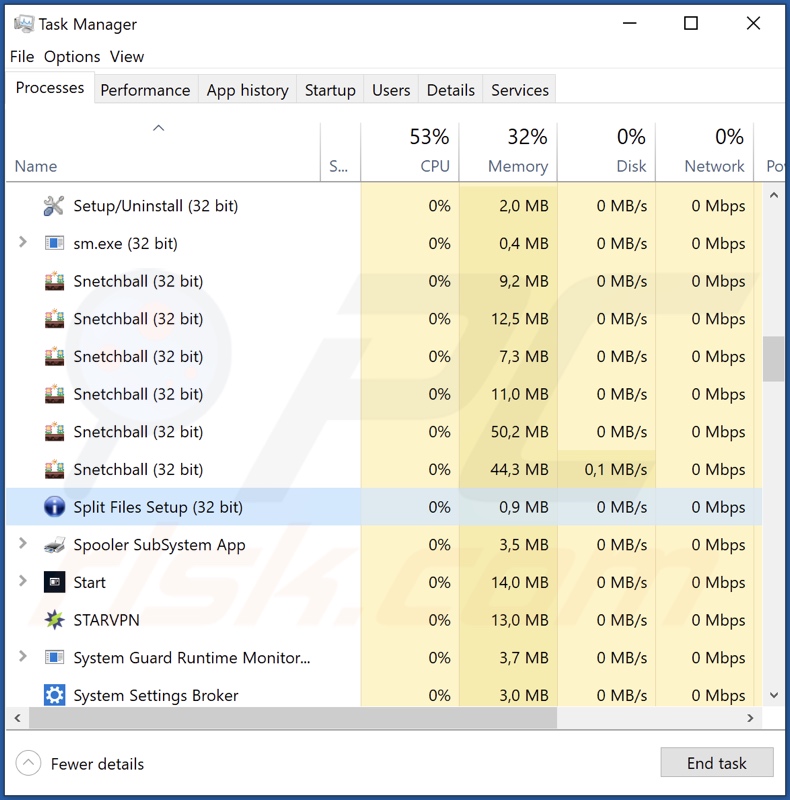 PRoces adware Split Files w Menedżerze zadań (Split Files Setup - nazwa procesu)