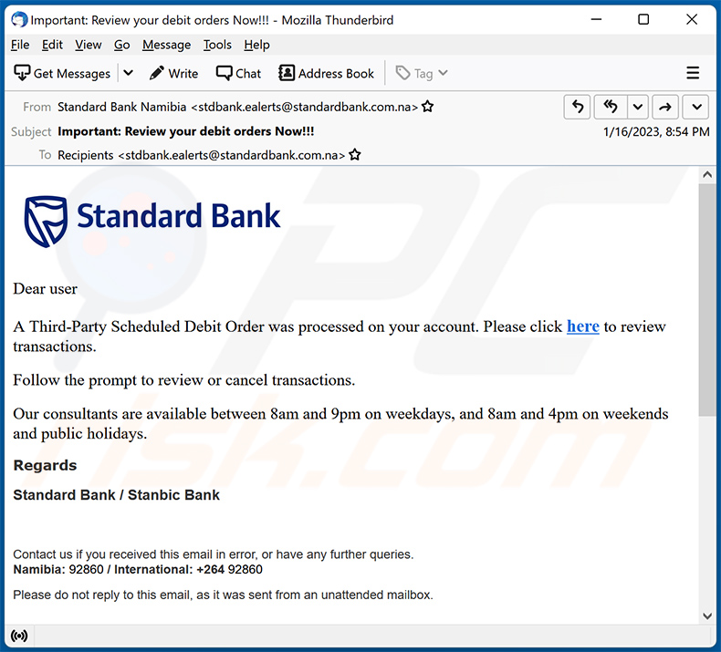 E-mail spamowy o tematyce Standard Bank (2023-01-17)