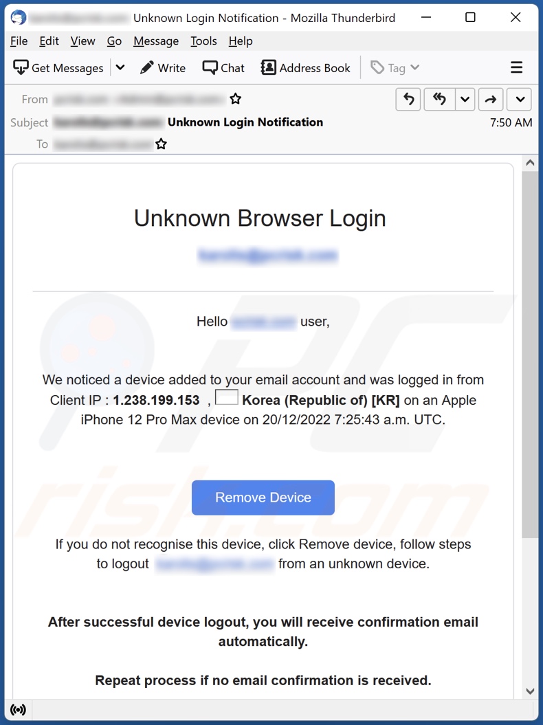 E-mailowa kampania spamowa Unknown Browser Login