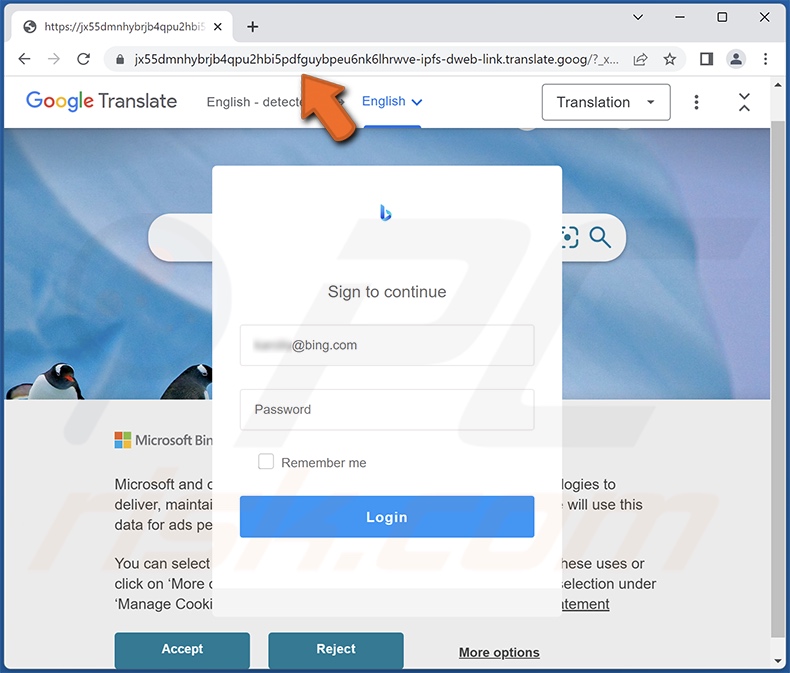 Strona phishingowa promowana przez oszustwo e-mailowe Unknown Browser Login