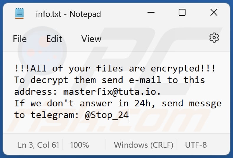 Plik tekstowy ransomware (info.txt) Unknown