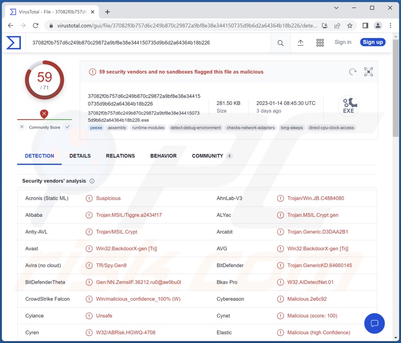 Wykrycia malware Vagus na VirusTotal