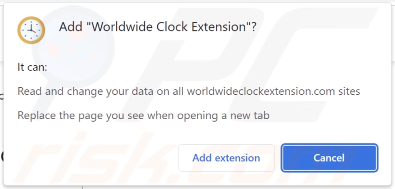 Porywacz przeglądarki Worldwide Clock Extension proszący o uprawnienia
