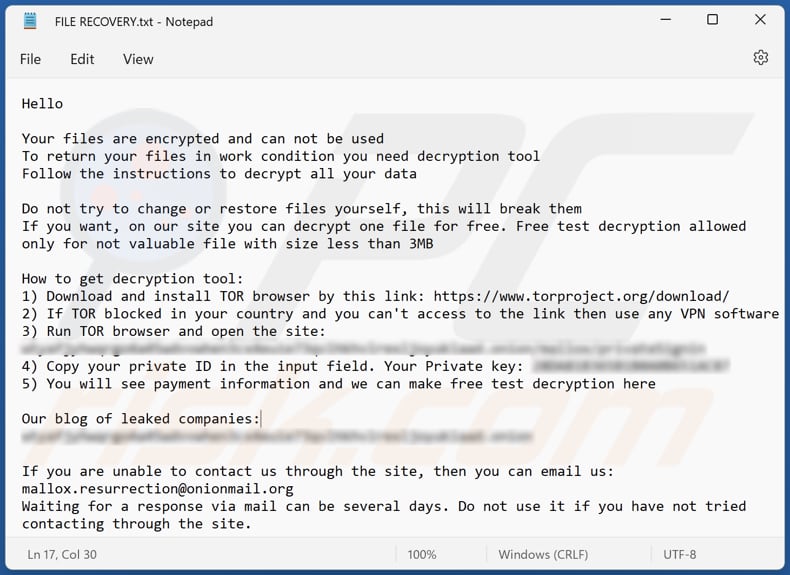 Plik tekstowy ransomware Xollam (FILE RECOVERY.txt)