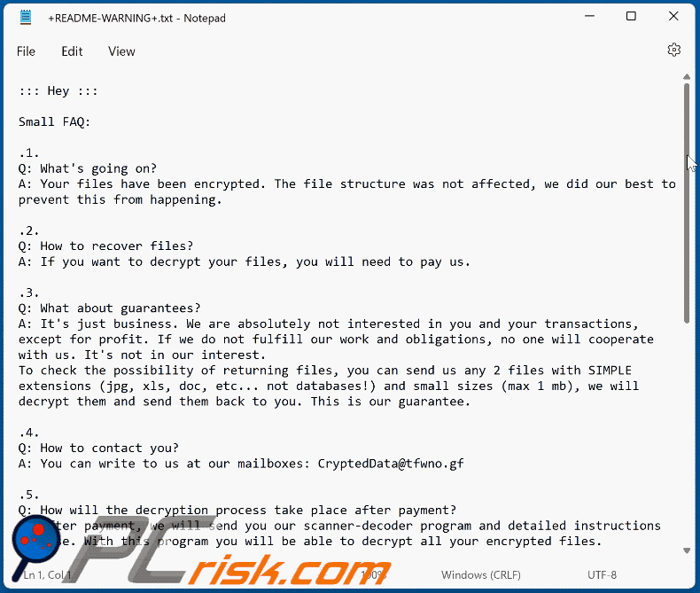 Notatka z żądaniem okupu ransomware ZFX (+README-WARNING+.txt)