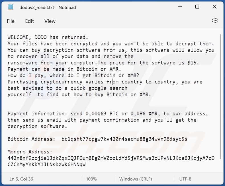 Notatka z żądaniem okupu ransomware DODO (dodov2_readit.txt)