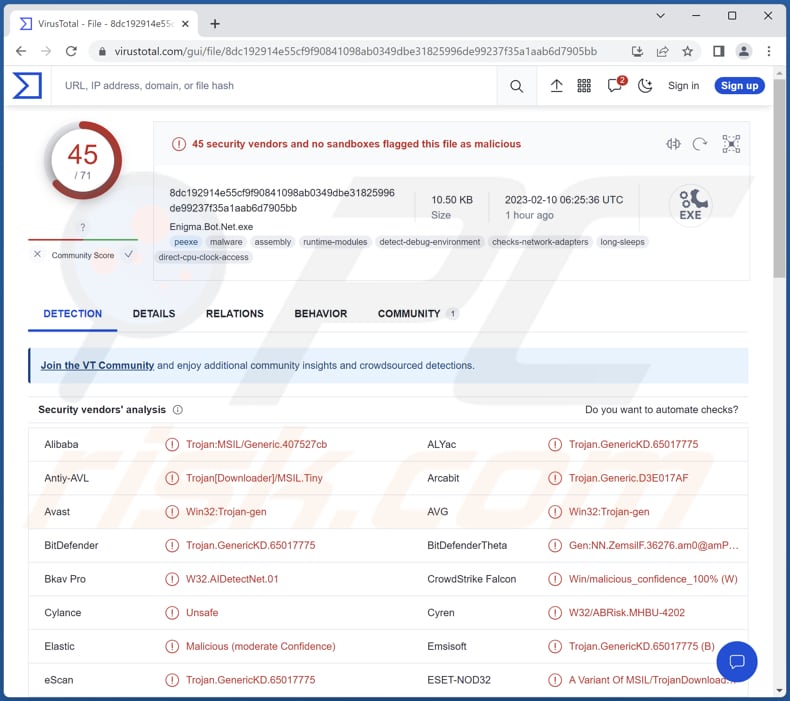 Wykrycia malware Enigma na VirusTotal