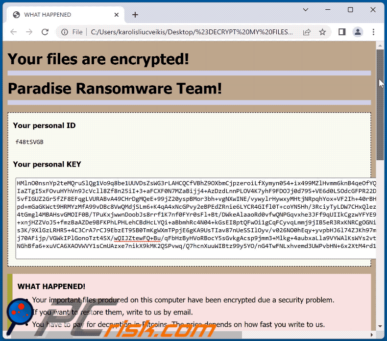 Notatka z żądaniem okupu ransomware Honkai (Paradise) (#DECRYPT MY FILES#.html) GIF