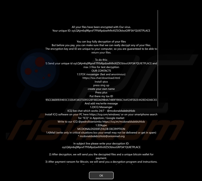 Notatka z żądaniem okupu ransomware Mimic (ekran wyświetlany przed logowaniem)
