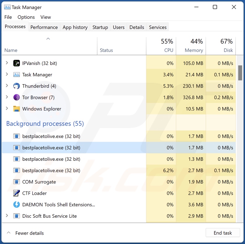 Proces ransomware Mimic w Menedżerze zadań Windows (bestplacetolive.exe - nazwa procesu)