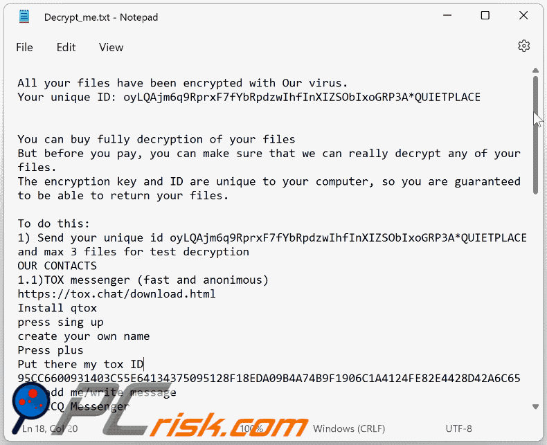 Notatka z żądaniem okupu ransomware Mimic (Decrypt_me.txt) GIF