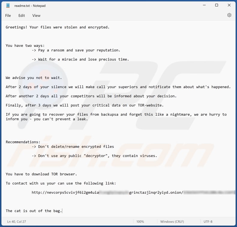 Plik tekstowy ransomware NEVADA (readme.txt)