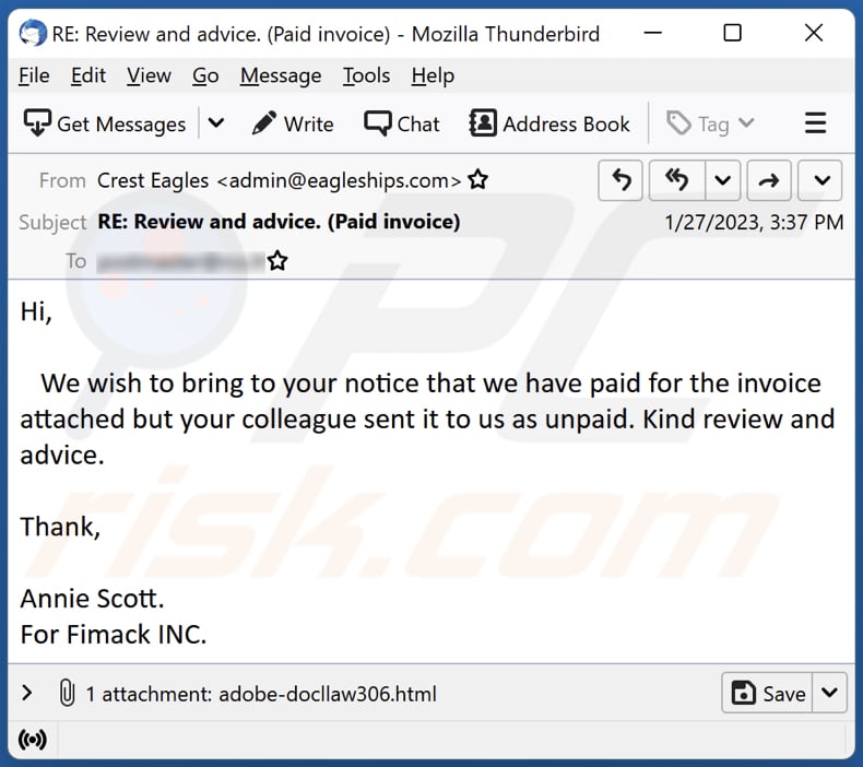 E-mailowa kampania spamowa Paid/Unpaid Invoice