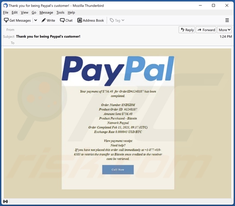 E-mailowa kampania spamowa PayPal - Order Has Been Completed