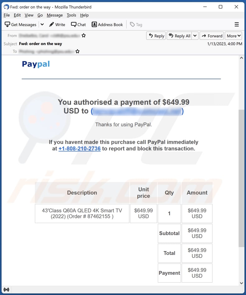 E-mailowa kampania spamowa PayPal - You Authorised A Payment