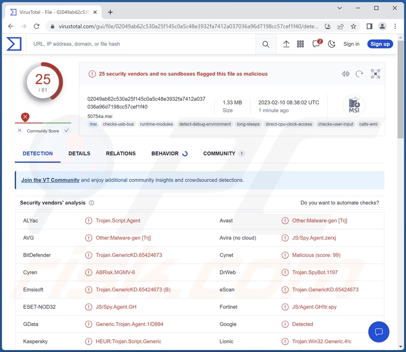 Wykrycia malware Screenshotter na VirusTotal