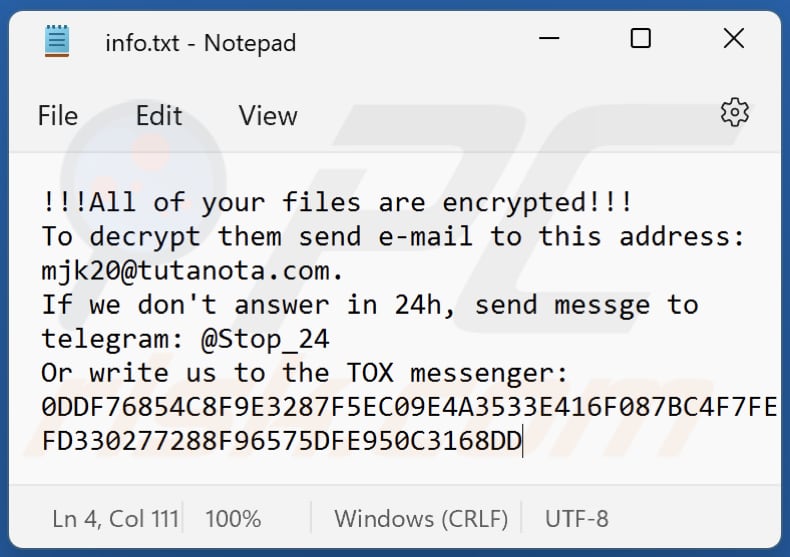 Plik tekstowy ransomware SHTORM (info.txt)