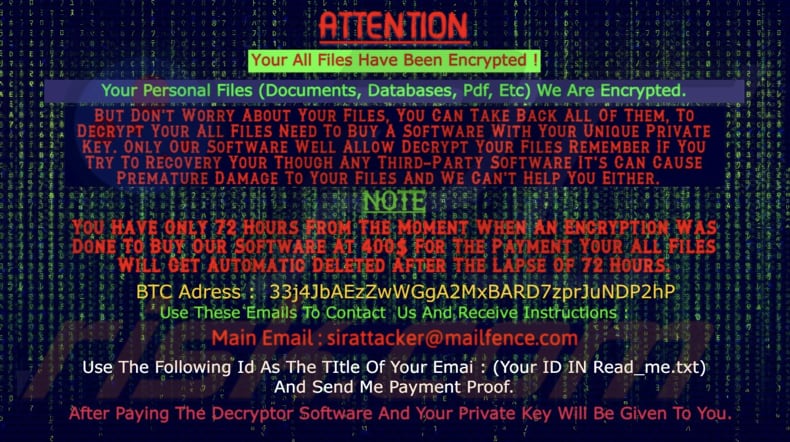 Tapeta ransomware Sirattacker