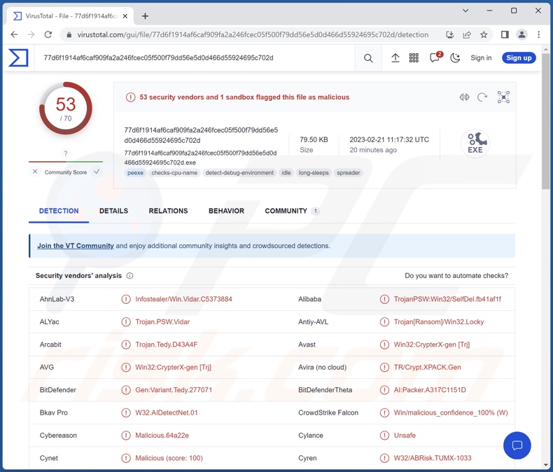 Wykrycia malware Stealc na VirusTotal